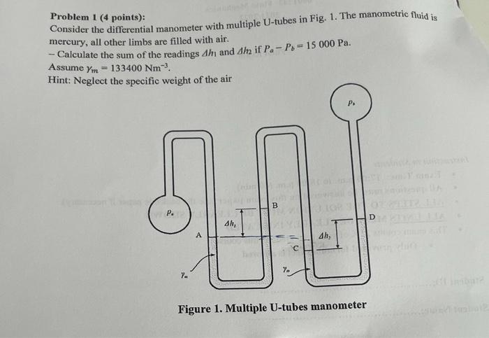Problem 1 4 Points Consider The Differential Manometer With Multiple U Tubes In Fig 1 The Manometric Fluid Is Mercu 1