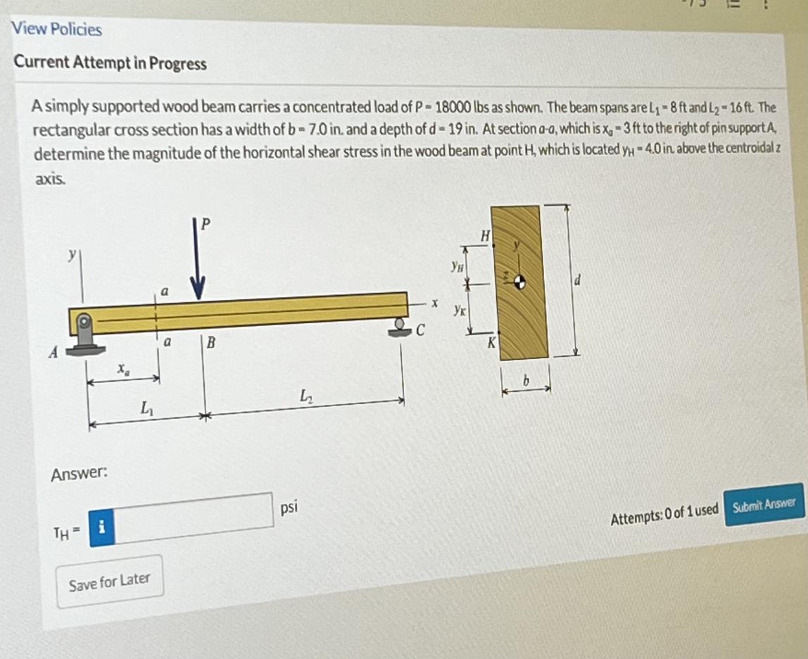 View Policies Current Attempt In Progress A Simply Supported Wood Beam Carries A Concentrated Load Of P 18000 Lbs As S 1
