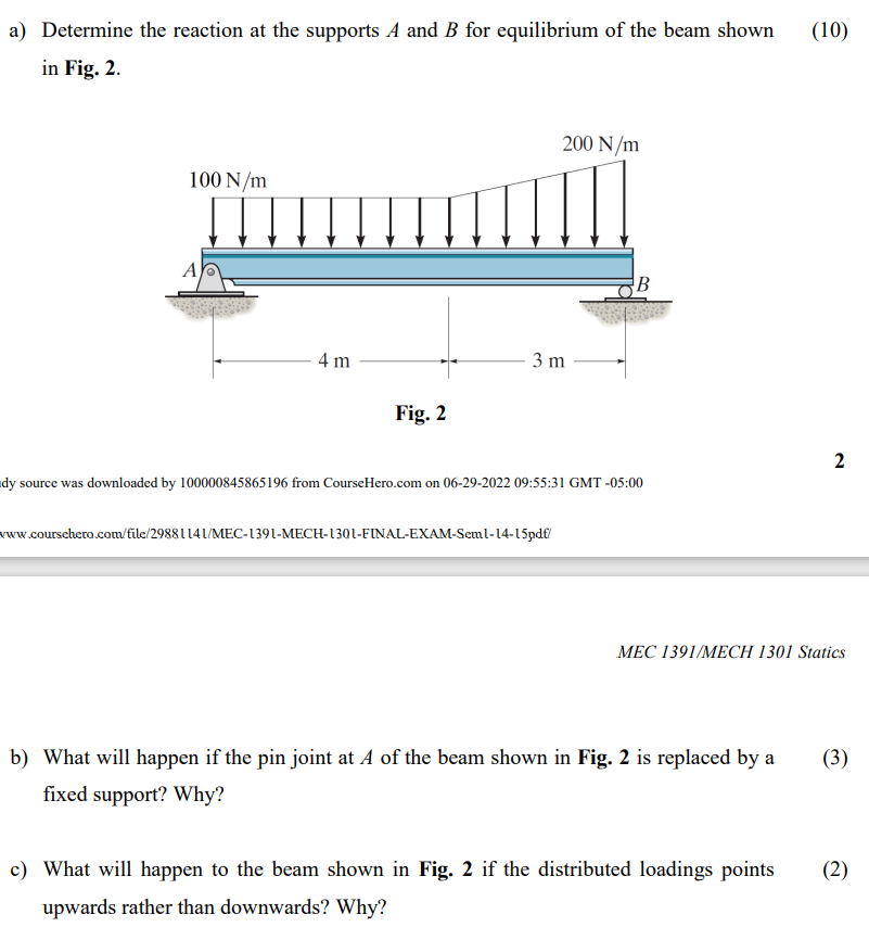 A Determine The Reaction At The Supports A And B For Equilibrium Of The Beam Shown In Fig 2 100 N M A 4 M Fig 2 200 1