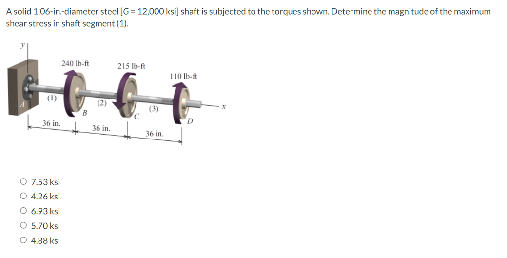 A Solid 1 06 In Diameter Steel G 12 000 Ksi Shaft Is Subjected To The Torques Shown Determine The Magnitude Of The 1