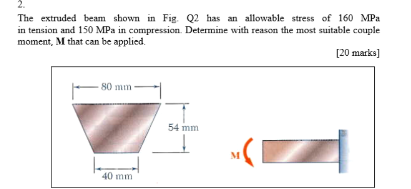 2 The Extruded Beam Shown In Fig Q2 Has An Allowable Stress Of 160 Mpa In Tension And 150 Mpa In Compression Determin 1