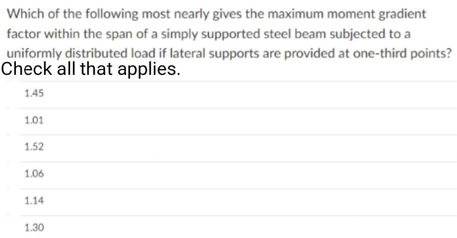Which Of The Following Most Nearly Gives The Maximum Moment Gradient Factor Within The Span Of A Simply Supported Steel 1