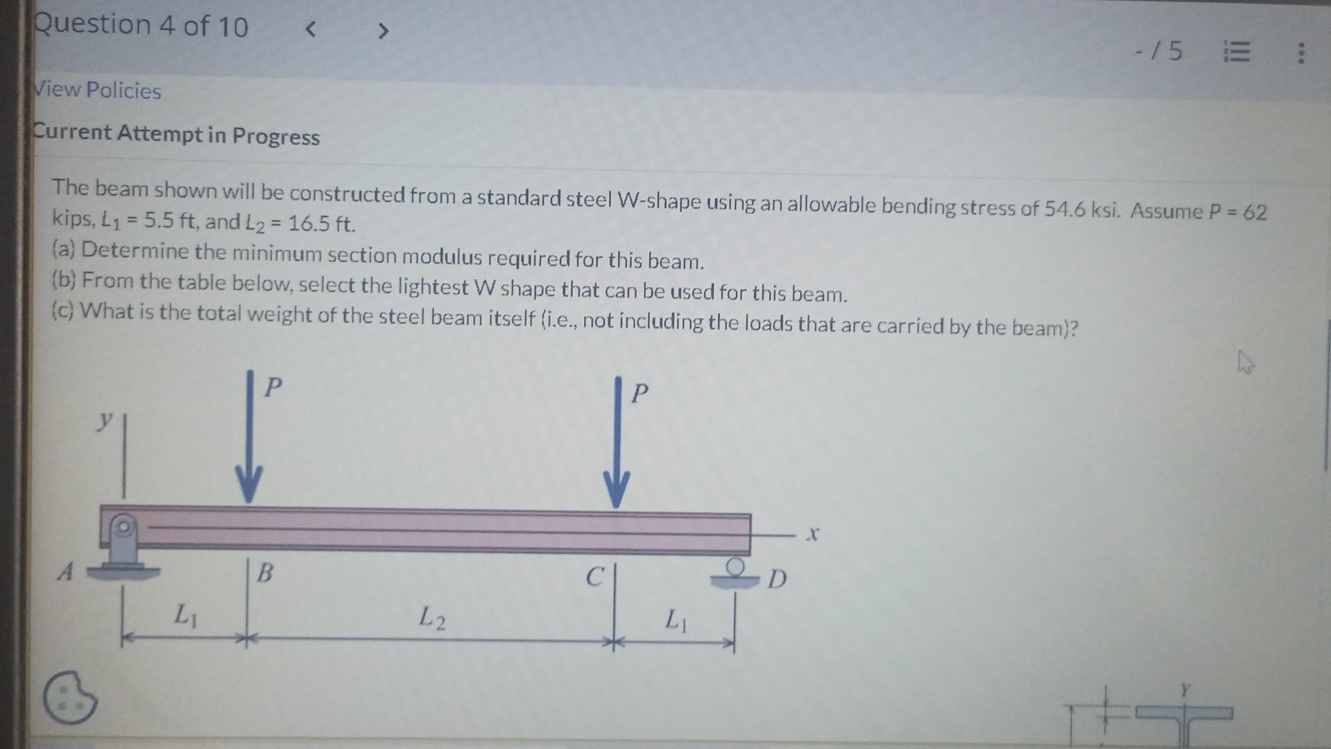 Question 4 Of 10 View Policies Current Attempt In Progress The Beam Shown Will Be Constructed From A Standard Steel W Sh 1