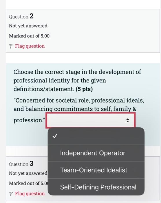 Question 2 Not Yet Answered Marked Out Of 5 00 Flag Question Choose The Correct Stage In The Development Of Professional 1