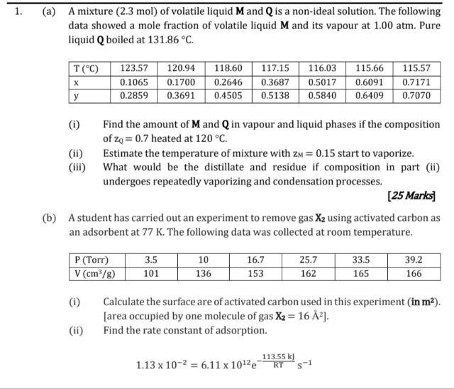 1 A A Mixture 2 3 Mol Of Volatile Liquid M And Q Is A Non Ideal Solution The Following Data Showed A Mole Fraction 1