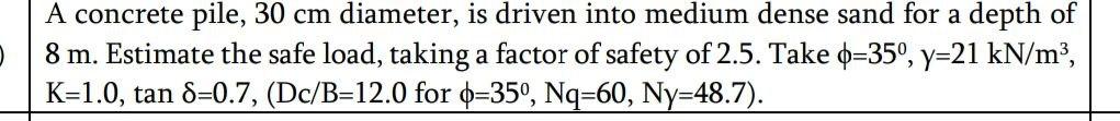 A Concrete Pile 30 Cm Diameter Is Driven Into Medium Dense Sand For A Depth Of 8 M Estimate The Safe Load Taking A F 1