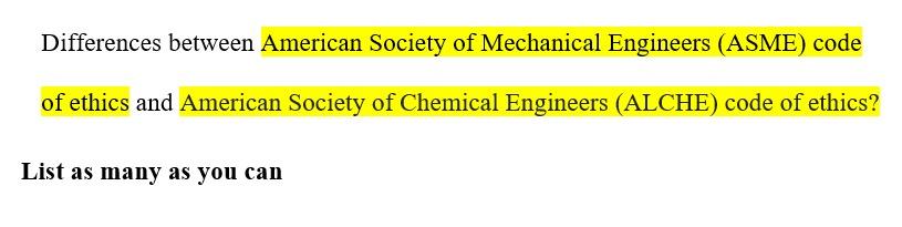 Differences Between American Society Of Mechanical Engineers Asme Code Of Ethics And American Society Of Chemical Engi 1