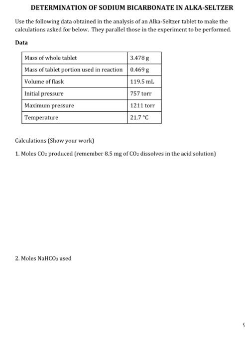 Determination Of Sodium Bicarbonate In Alka Seltzer Use The Following Data Obtained In The Analysis Of An Alka Seltzer T 1