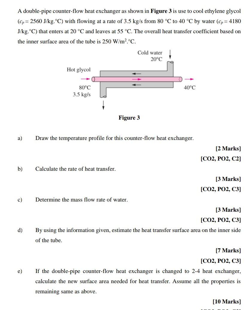 A Double Pipe Counter Flow Heat Exchanger As Shown In Figure 3 Is Use To Cool Ethylene Glycol Cp 2560 J Kg C With 1