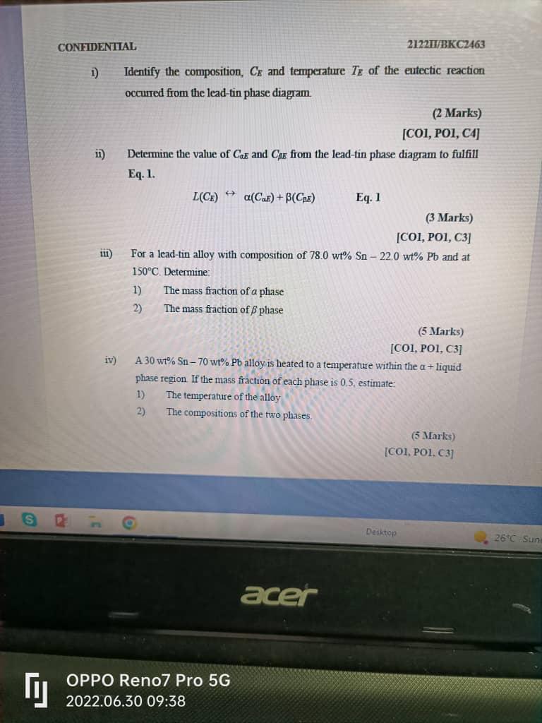 1 Confidential 1 Ii Iii Iv Identify The Composition Cr And Temperature Tx Of The Eutectic Reaction Occurred From Th 1