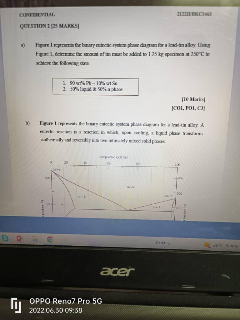 Confidential Question 2 25 Marks B Figure I Represents The Binary Eutectic System Phase Diagram For A Lead Tin Alloy 1