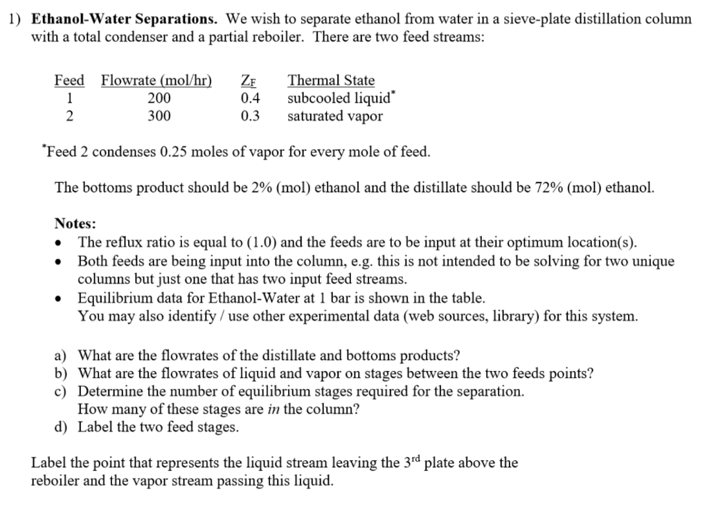 1 Ethanol Water Separations We Wish To Separate Ethanol From Water In A Sieve Plate Distillation Column With A Total C 1