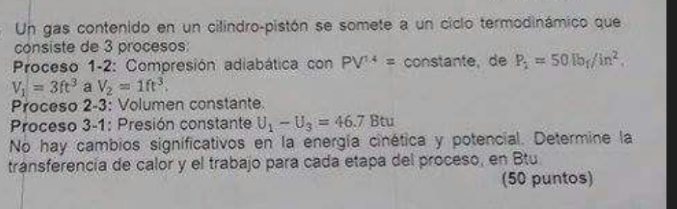 A Gas Contained In A Piston Cylinder Is Subjected To A Thermodynamic Cycle Consisting Of Three Processes Process 1 2 A 1