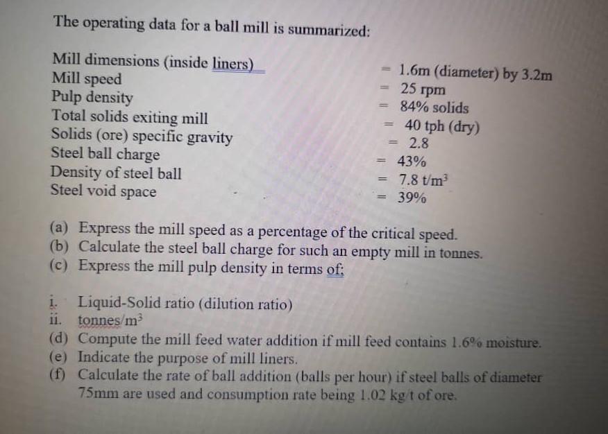 The Operating Data For A Ball Mill Is Summarized Mill Dimensions Inside Liners Mill Speed Pulp Density Total Solids E 1
