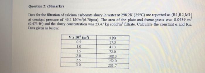 Question 2 20marks Data For The Filtration Of Calcium Carbonate Slurry In Water At 298 2k 25 C Are Reported As R1 1