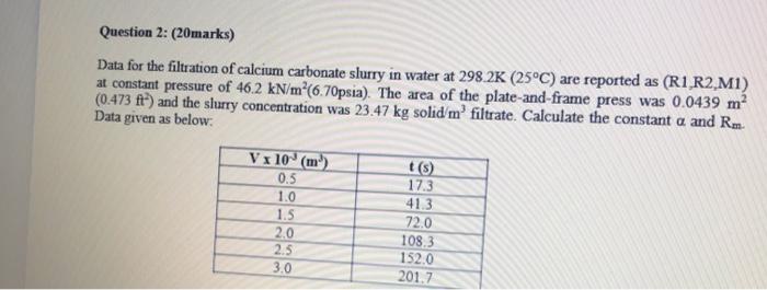 Question 2 20marks Data For The Filtration Of Calcium Carbonate Slurry In Water At 298 2k 25 C Are Reported As R1 1