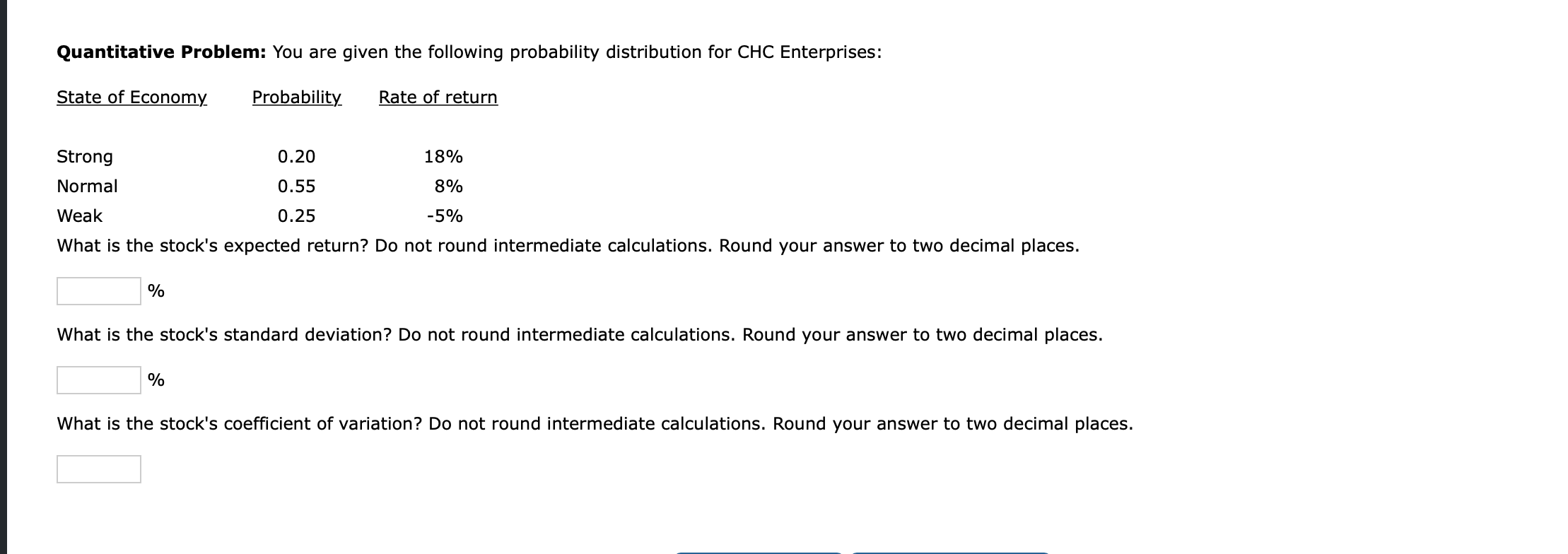 Quantitative Problem You Are Given The Following Probability Distribution For Chc Enterprises State Of Economy Probabi 1