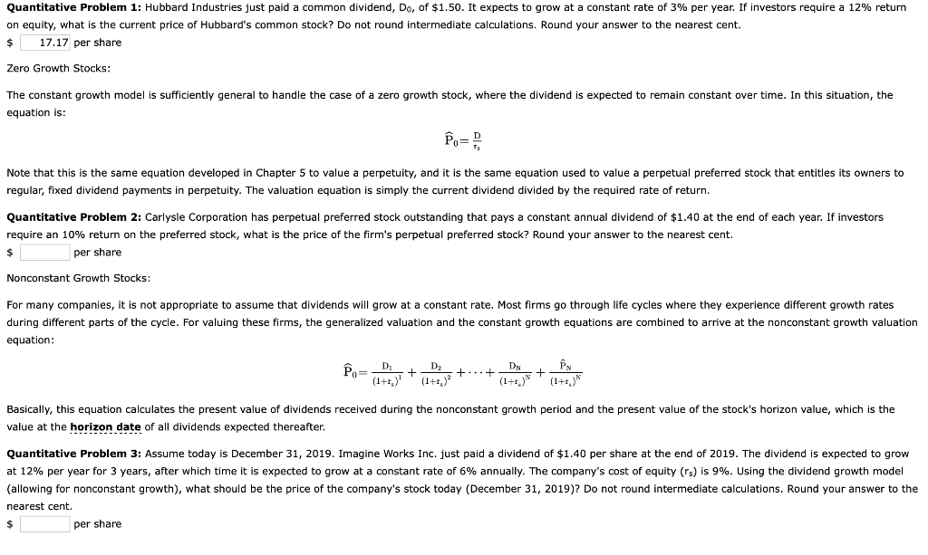 Quantitative Problem 1 Hubbard Industries Just Paid A Common Dividend Do Of 1 50 It Expects To Grow At A Constant R 1