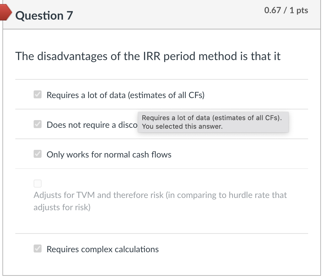 Question 7 The Disadvantages Of The Irr Period Method Is That It 0 67 1 Pts Requires A Lot Of Data Estimates Of All C 1