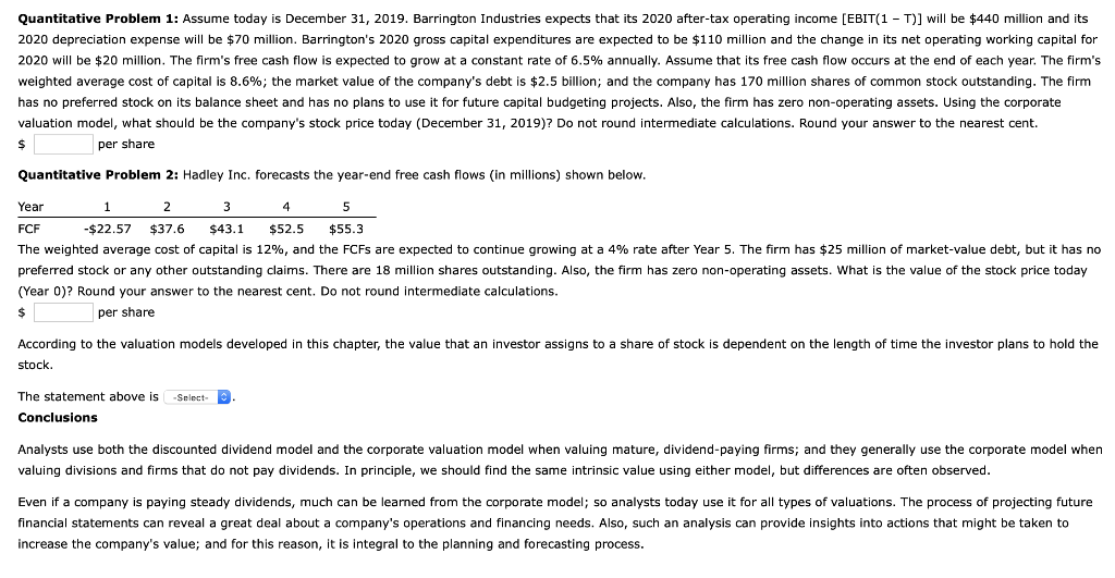 Quantitative Problem 1 Assume Today Is December 31 2019 Barrington Industries Expects That Its 2020 After Tax Operati 1