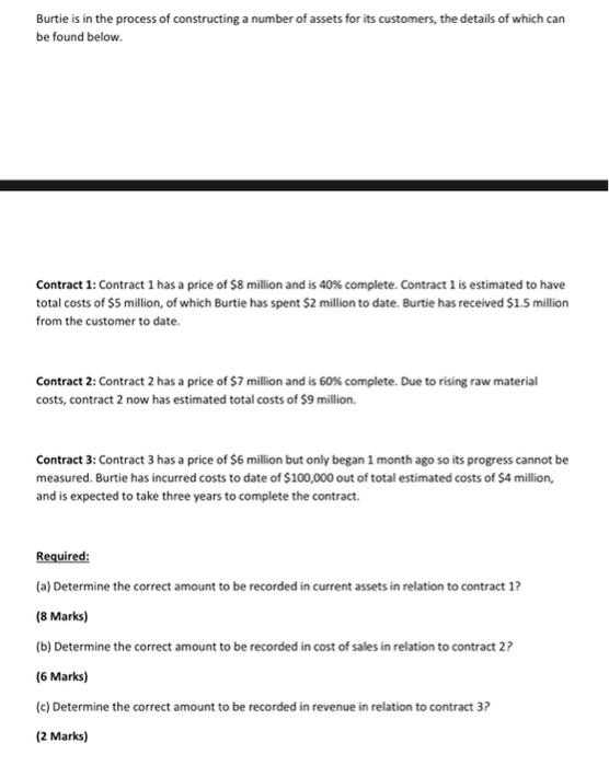 Burtie Is In The Process Of Constructing A Number Of Assets For Its Customers The Details Of Which Can Be Found Below 1