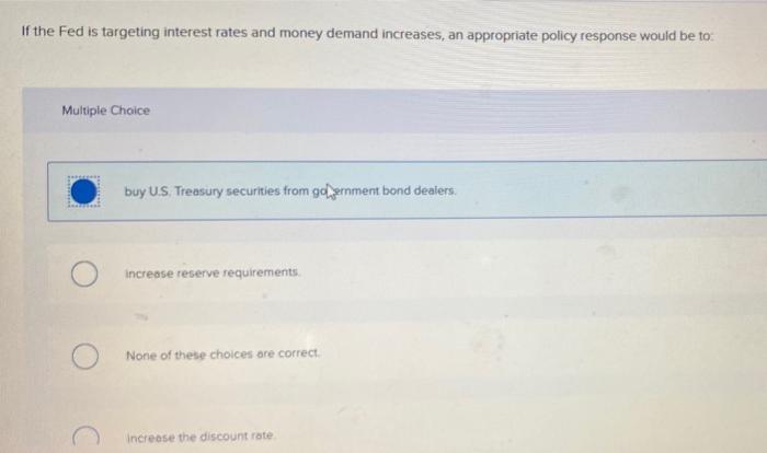If The Fed Is Targeting Interest Rates And Money Demand Increases An Appropriate Policy Response Would Be To Multiple 1