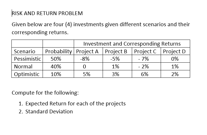 Risk And Return Problem Given Below Are Four 4 Investments Given Different Scenarios And Their Corresponding Returns 1