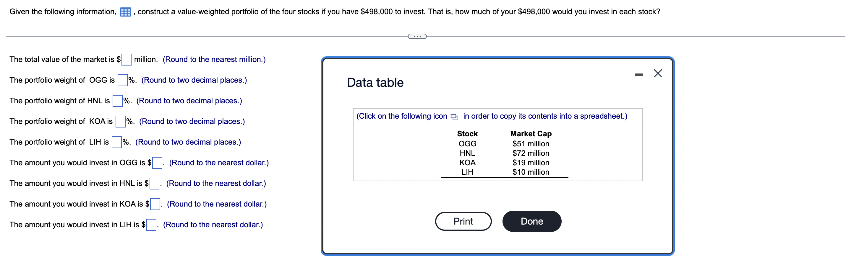 Given The Following Information The Total Value Of The Market Is The Portfolio Weight Of Ogg Is The Portfolio Weight 1
