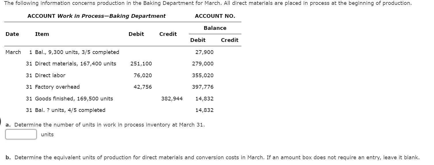 The Following Information Concerns Production In The Baking Department For March All Direct Materials Are Placed In Pro 1