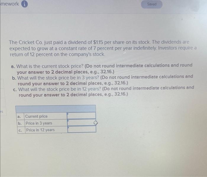 Mework I Saved The Cricket Co Just Paid A Dividend Of 1 15 Per Share On Its Stock The Dividends Are Expected To Grow 1