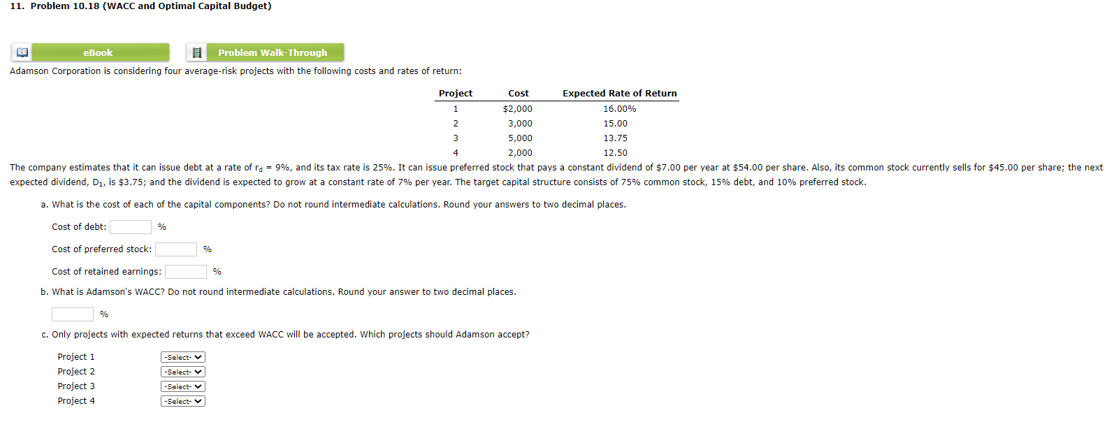 11 Problem 10 18 Wacc And Optimal Capital Budget Be Ebook Problem Walk Through Adamson Corporation Is Considering Fou 1