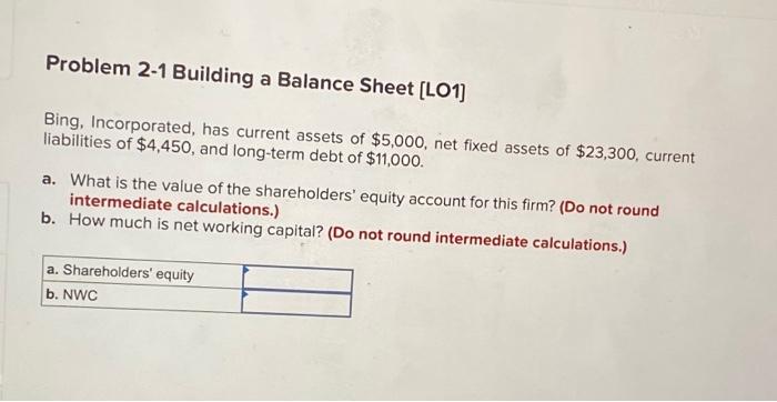 Problem 2 1 Building A Balance Sheet Lo1 Bing Incorporated Has Current Assets Of 5 000 Net Fixed Assets Of 23 300 1