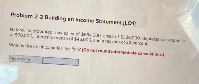 Problem 2 2 Building An Income Statement Lo1 Nataro Incorporated Has Sales Of 664 000 Costs Of 326 000 Depreciat 1