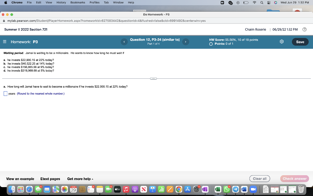 Chrome File Edit View History Bookmarks Profiles Tab Window Help Mylab Pearson Com Student Playerhomework Aspx Homeworkl 1