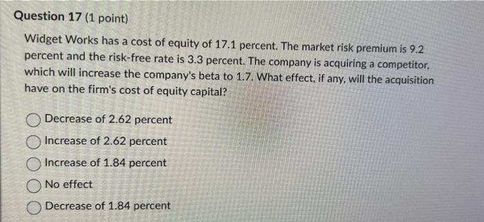 Question 17 1 Point Widget Works Has A Cost Of Equity Of 17 1 Percent The Market Risk Premium Is 9 2 Percent And The 1