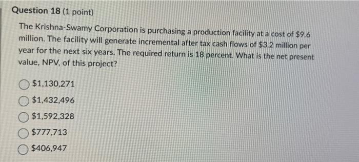 Question 18 1 Point The Krishna Swamy Corporation Is Purchasing A Production Facility At A Cost Of 9 6 Million The F 1