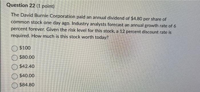 Question 22 1 Point The David Burnie Corporation Paid An Annual Dividend Of 4 80 Per Share Of Common Stock One Day Ag 1