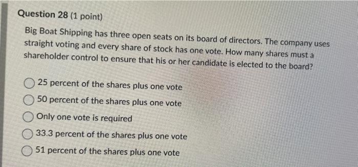 Question 28 1 Point Big Boat Shipping Has Three Open Seats On Its Board Of Directors The Company Uses Straight Voting 1