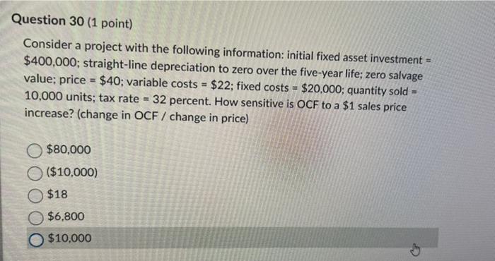 Question 30 1 Point Consider A Project With The Following Information Initial Fixed Asset Investment 400 000 Stra 1