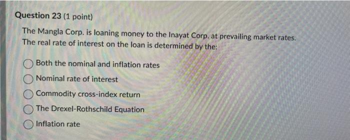 Question 23 1 Point The Mangla Corp Is Loaning Money To The Inayat Corp At Prevailing Market Rates The Real Rate Of 1