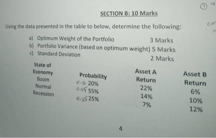 Section B 10 Marks Using The Data Presented In The Table To Below Determine The Following A Optimum Weight Of The Po 1