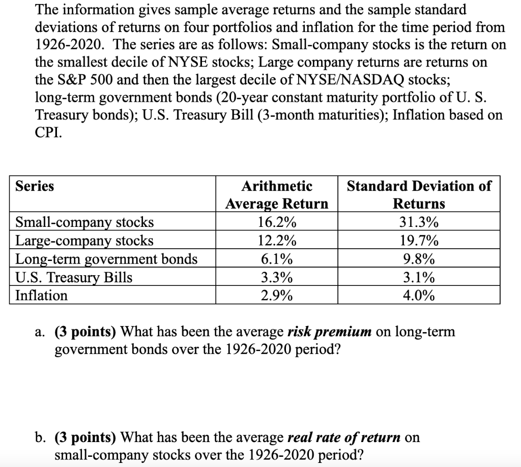 The Information Gives Sample Average Returns And The Sample Standard Deviations Of Returns On Four Portfolios And Inflat 1