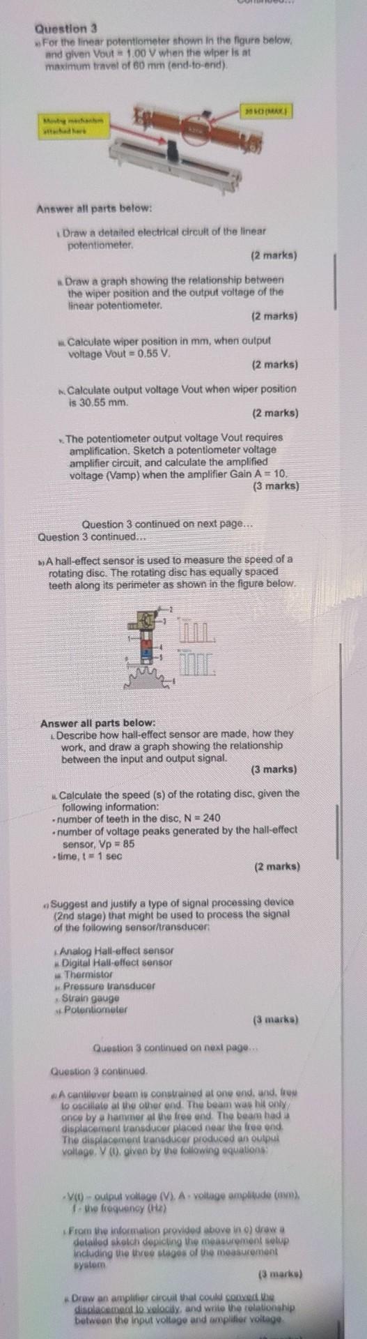 Question 3 For The Linear Potentiometer Shown In The Figure Below And Given Vout 100 V When The Wiper Is At Maximum Tra 1