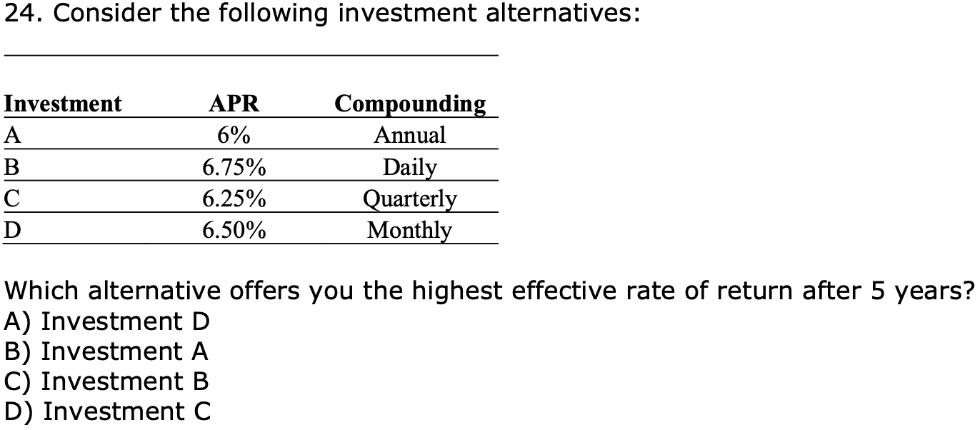 24 Consider The Following Investment Alternatives Investment A B C D Apr 6 6 75 6 25 6 50 Compounding Annual Daily 1