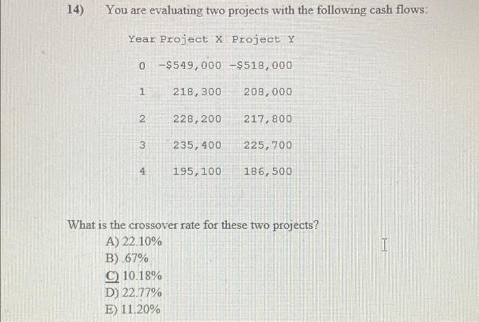 14 You Are Evaluating Two Projects With The Following Cash Flows Year Project X Project Y 0 549 000 518 000 1 2 1