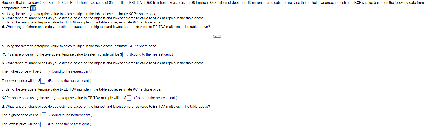 Suppose That In January 2006 Kenneth Cole Productions Had Sales Of 515 Million Ebitda Of 50 5 Million Excess Cash Of 1