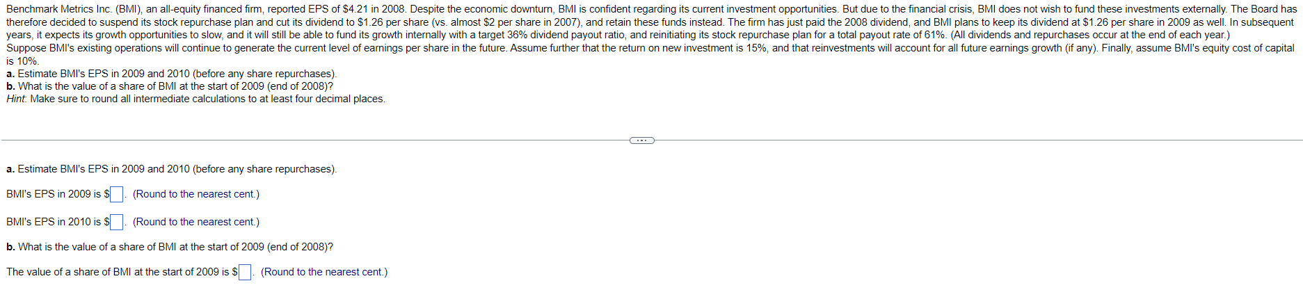 Benchmark Metrics Inc Bmi An All Equity Financed Firm Reported Eps Of 4 21 In 2008 Despite The Economic Downturn 1