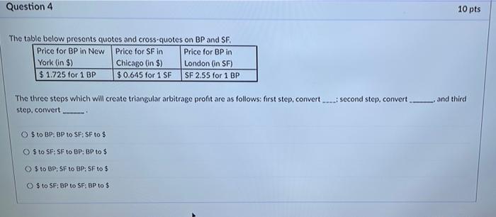 Question 41 The Table Below Presents Quotes And Cross Quotes On Bp And Sf Price For Bp In Price For Bp In New York In 1