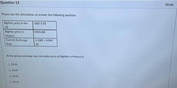 Question 13 Please Use The Data Below To Answer The Following Question Bigmac Price In The Us Bigmac Price In Mexico C 1