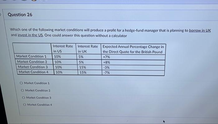 Question 26 Which One Of The Following Market Conditions Will Produce A Profit For A Hedge Fund Manager That Is Planning 1